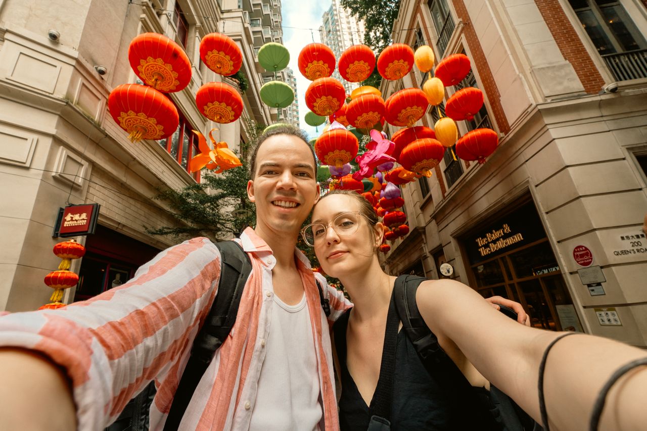 Couple smiling at Lee Tung Avenue