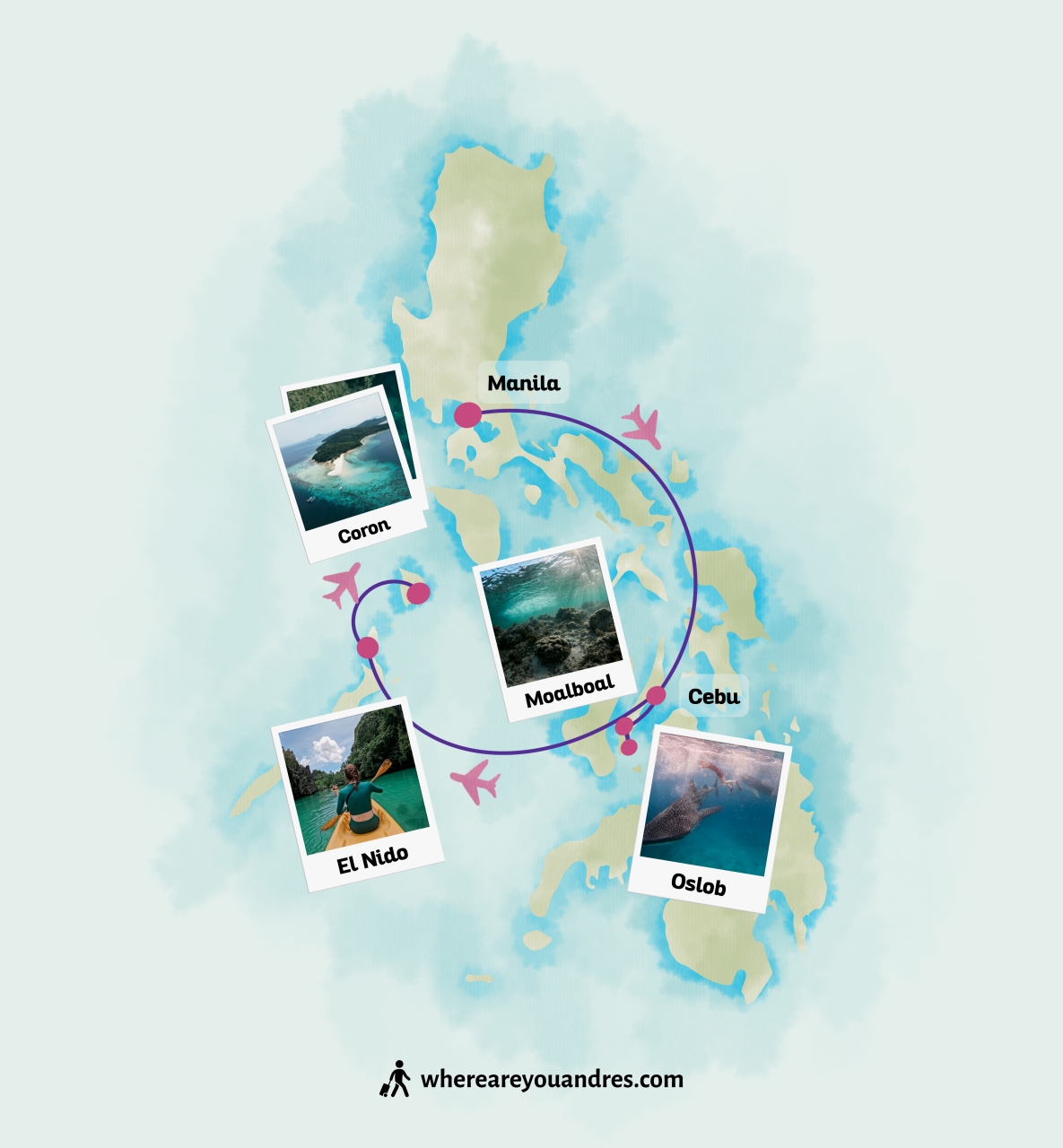 Cute map with traveling route in the Philippines