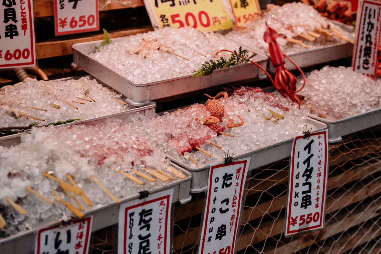Fresh seafood on ice at Komachi street in Kamakura, Japan.