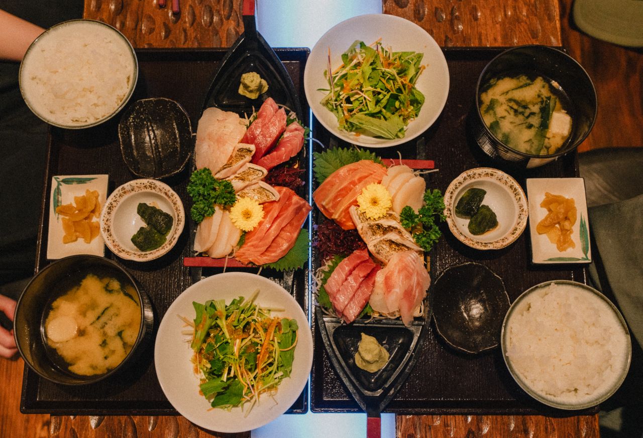 Fresh sashimi plates at a restaurant in Kawaguchiko, Japan.