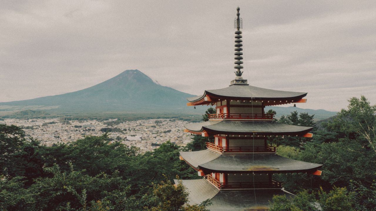 Landscape view with Mount Fuji and Chureito Pagoda in Kawaguchiko.