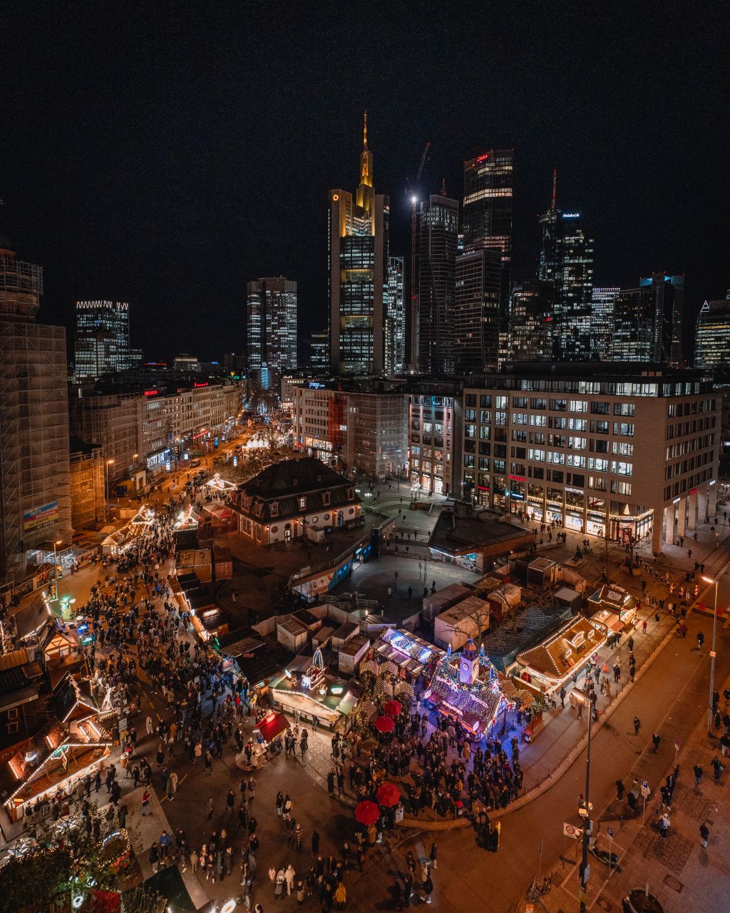 View of Frankfurt Christmas market at Hauptwache with Skyline.