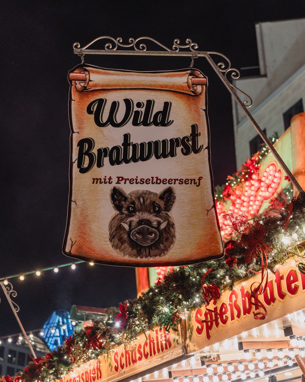 Wild Bratwurst sign at Rossmarkt Christmas Market.